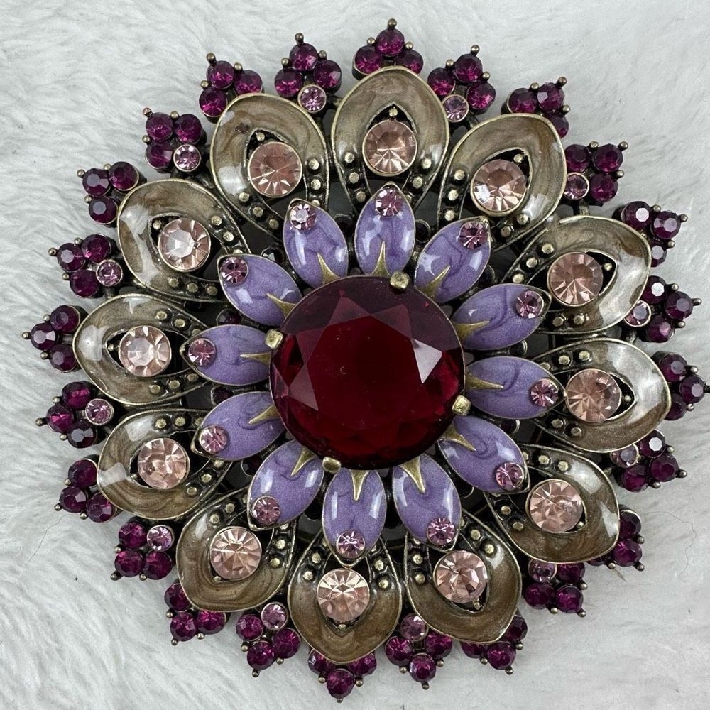 Vintage Rhinestone Crystal Brooch Pin Flower Metal Multicolor Stone Statement